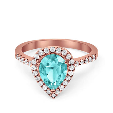 Halo Teardrop Filigree Ring Rose Tone, Simulated Paraiba Tourmaline CZ 925 Sterling Silver